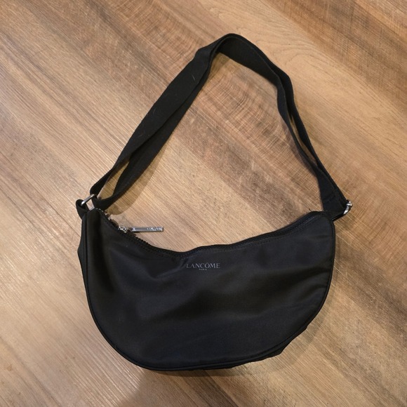 Lancome Black Crescent Nylon Shoulder Bag Adjustable Strap Cosmetic Travel - Picture 2 of 7